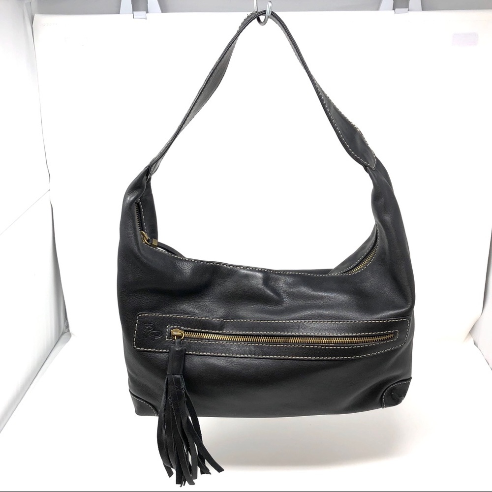 ROBERT PIETRI black leather fringe tassel, hobo style bag, made in Spain